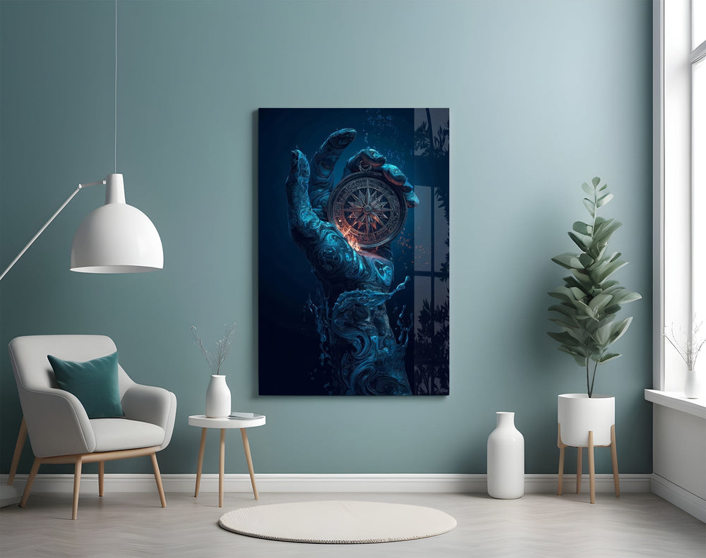 Liquid Water Hand Ornate Compass Glass Wall Art