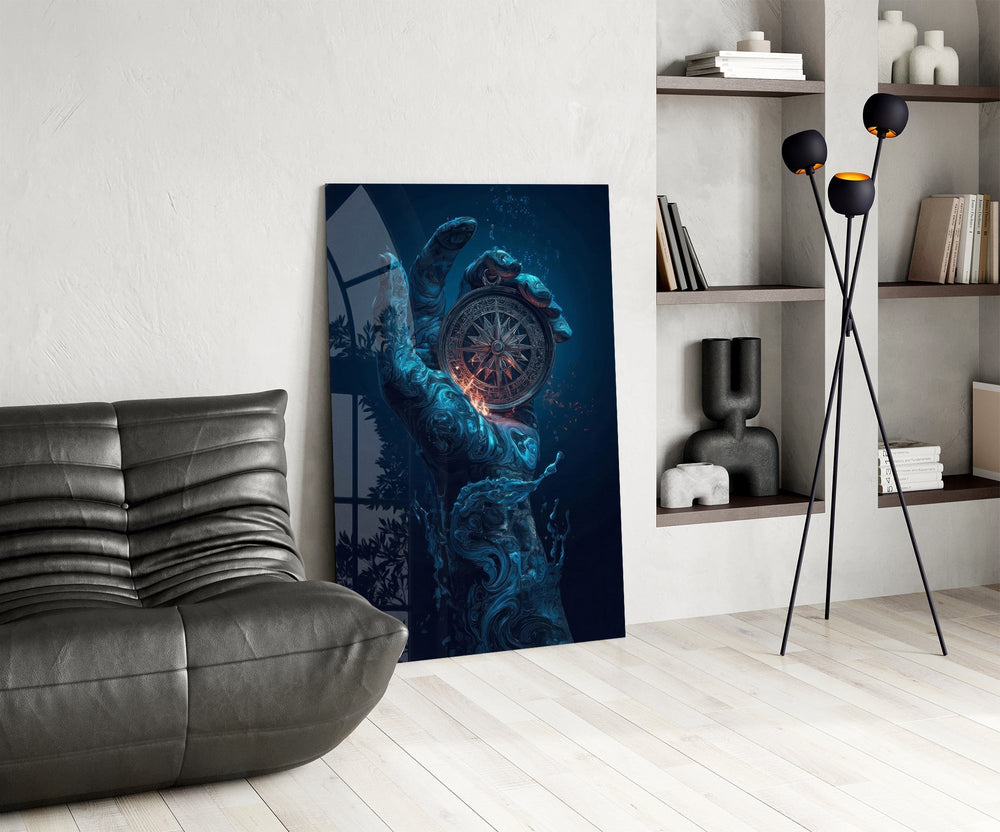 Liquid Water Hand Ornate Compass Glass Wall Art