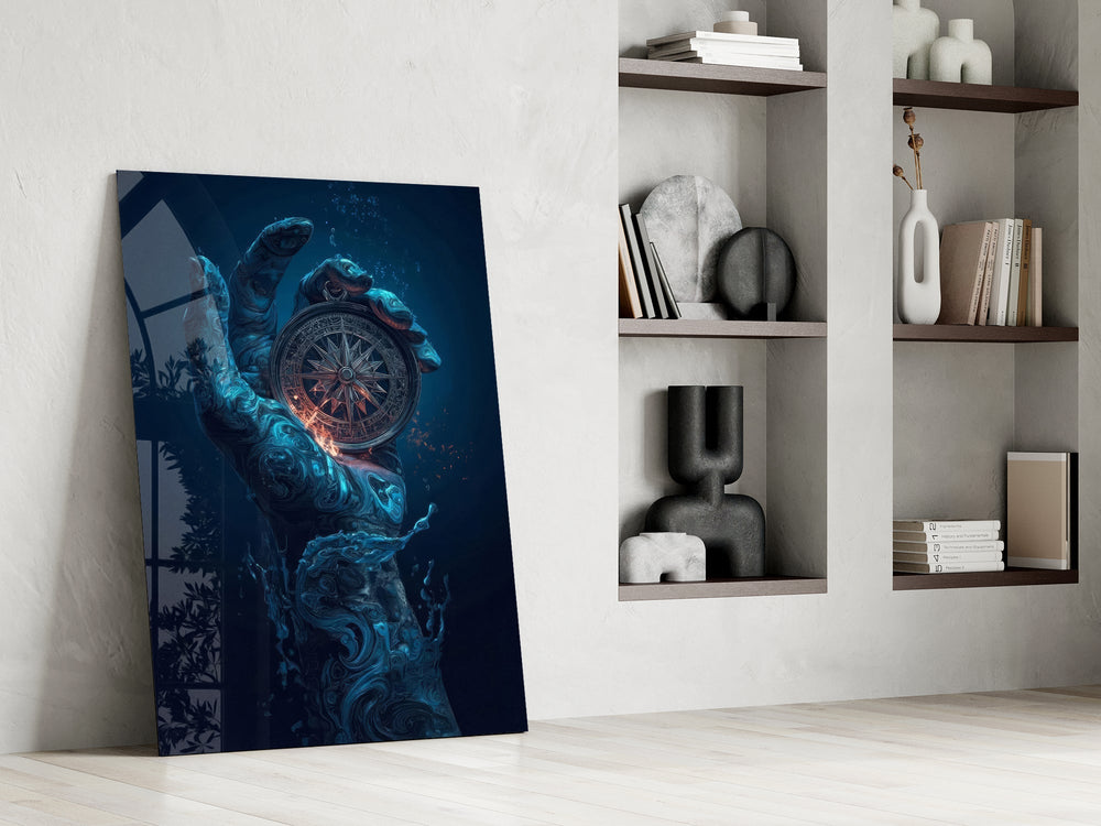 Liquid Water Hand Ornate Compass Glass Wall Art