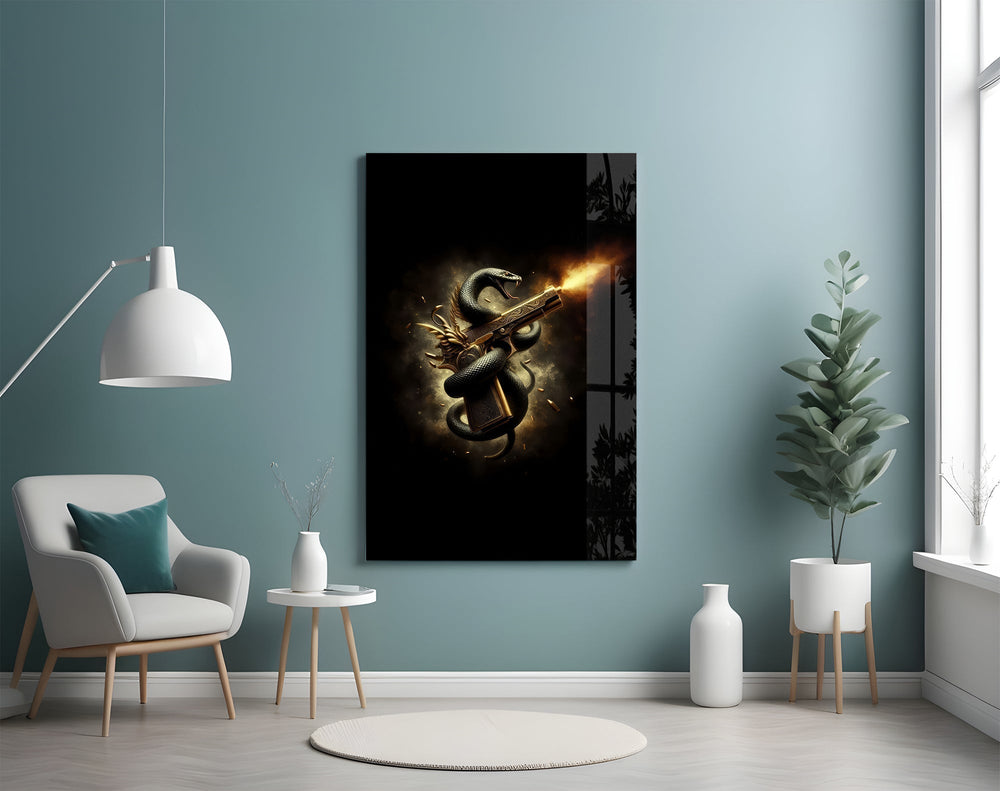 Golden Pistol and Black Serpent Glass Wall Art