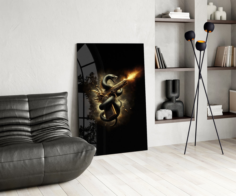 Golden Pistol and Black Serpent Glass Wall Art