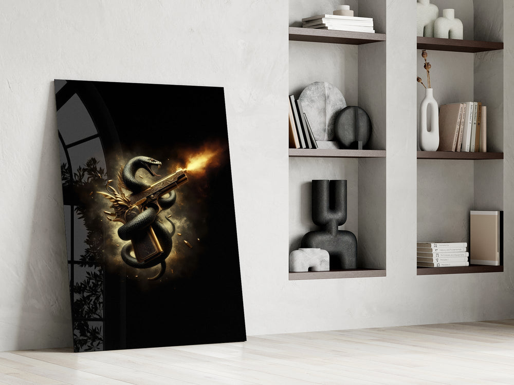 Golden Pistol and Black Serpent Glass Wall Art