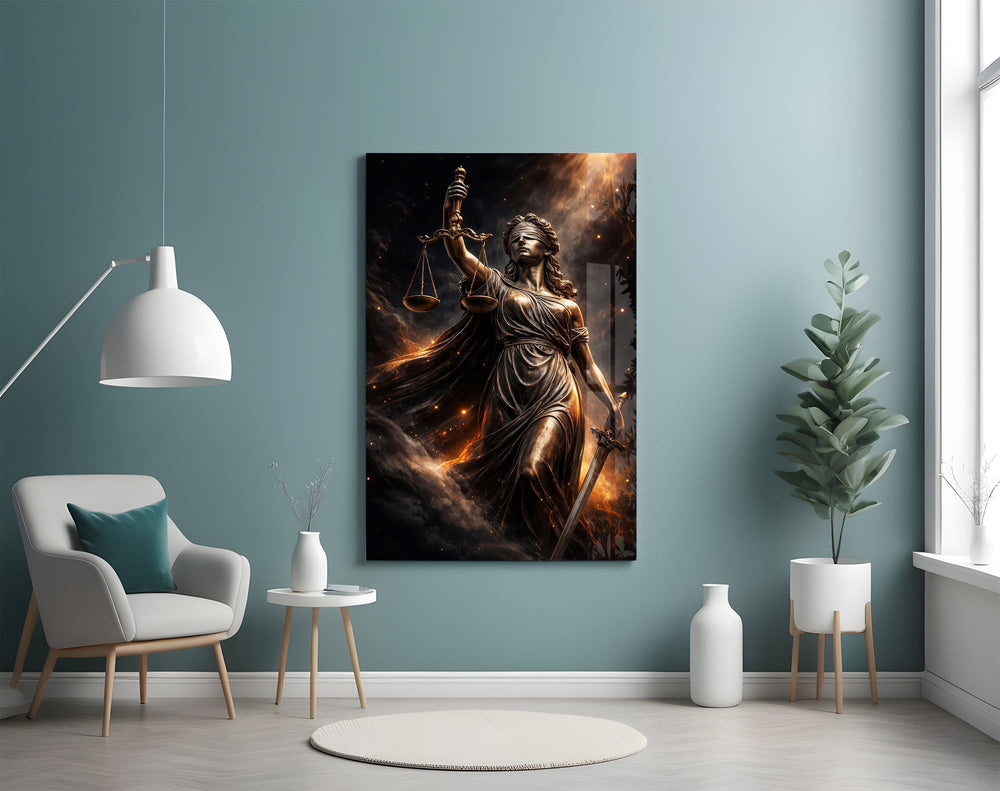 Lady Justice Bronze Scales Ember Glass Wall Art
