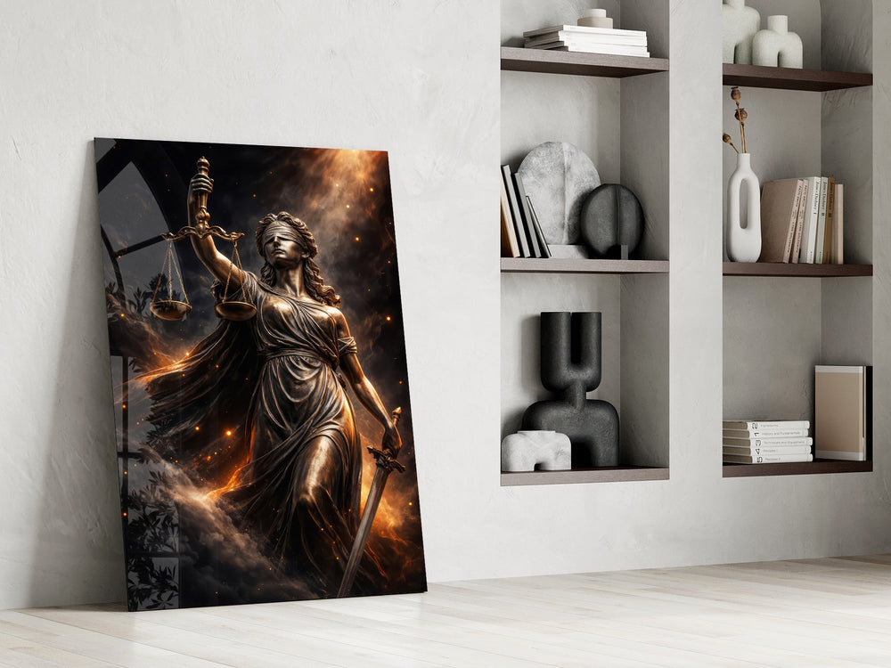 Lady Justice Bronze Scales Ember Glass Wall Art