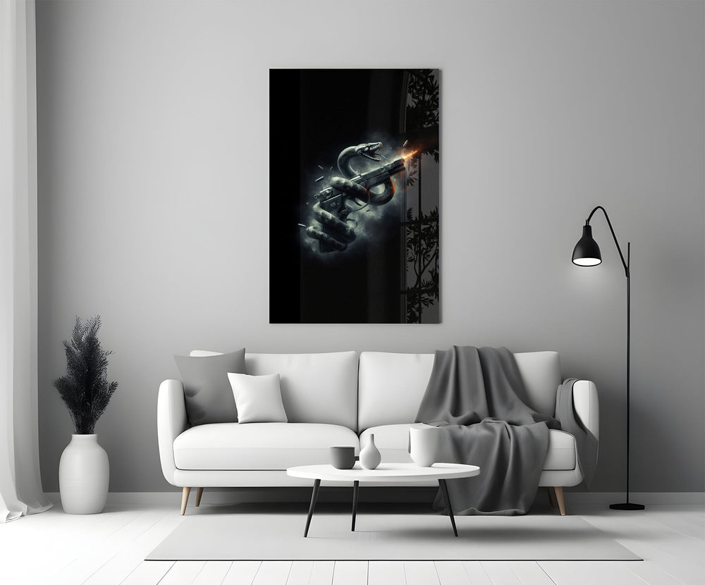 Serpent Coiled Firing Pistol Dark Glass Wall Art
