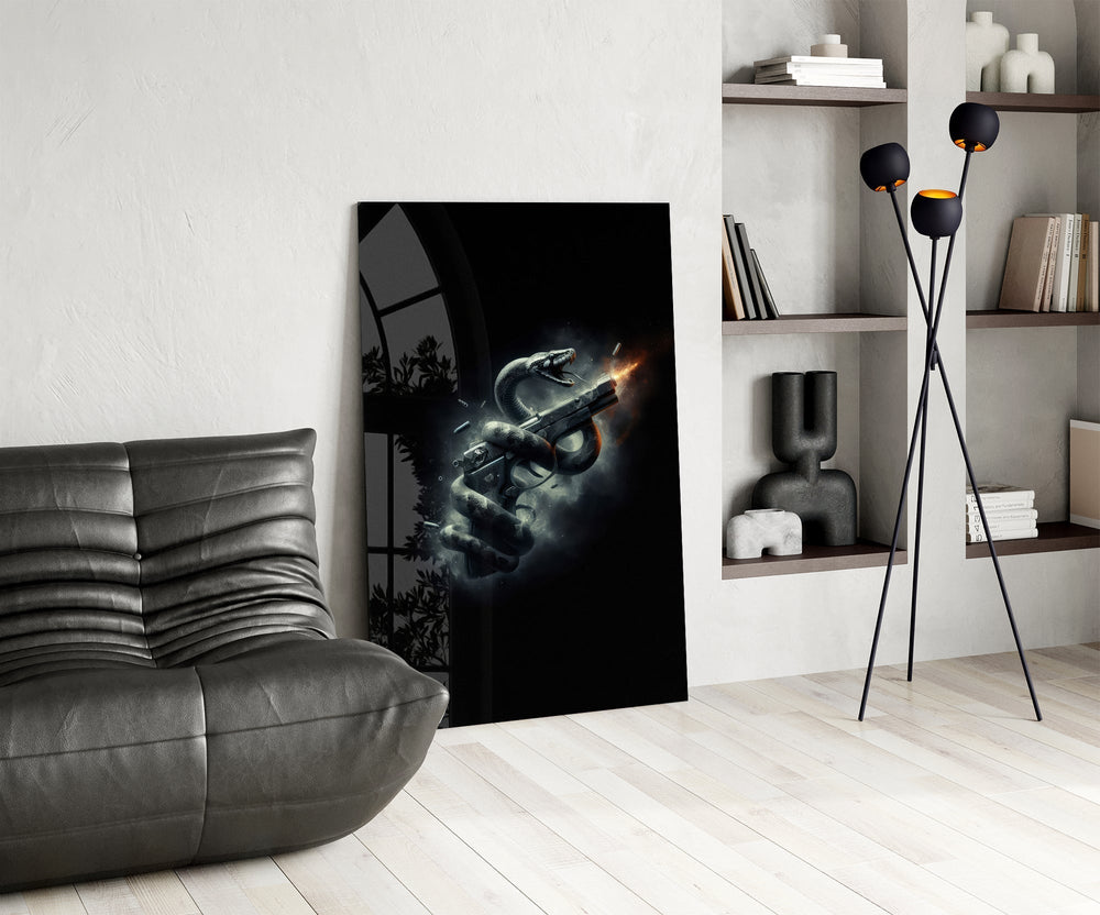 Serpent Coiled Firing Pistol Dark Glass Wall Art