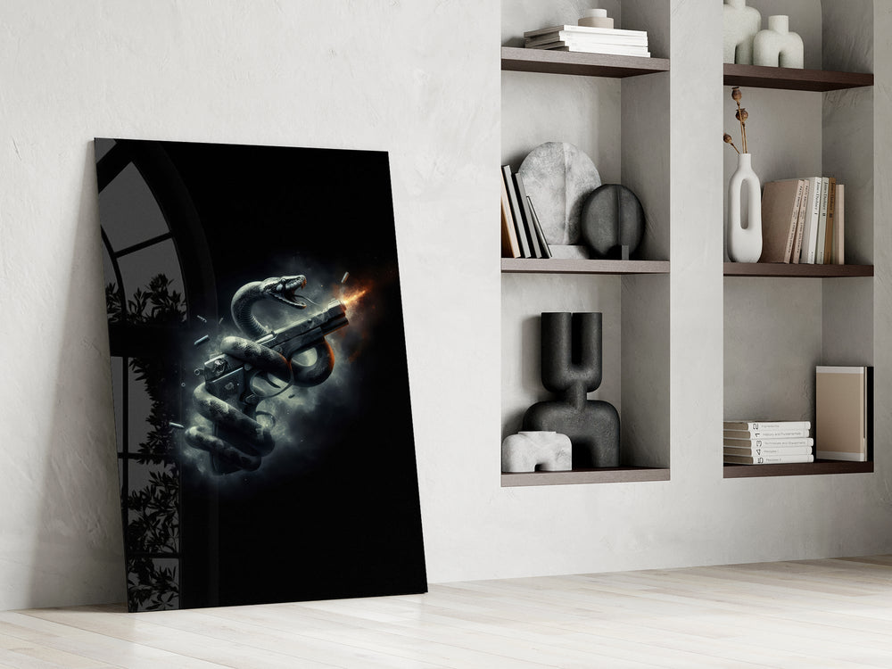 Serpent Coiled Firing Pistol Dark Glass Wall Art