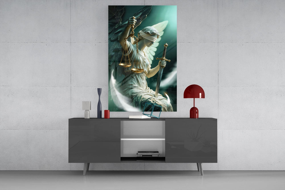 Winged Blindfolded Lady Justice Glass Wall Art