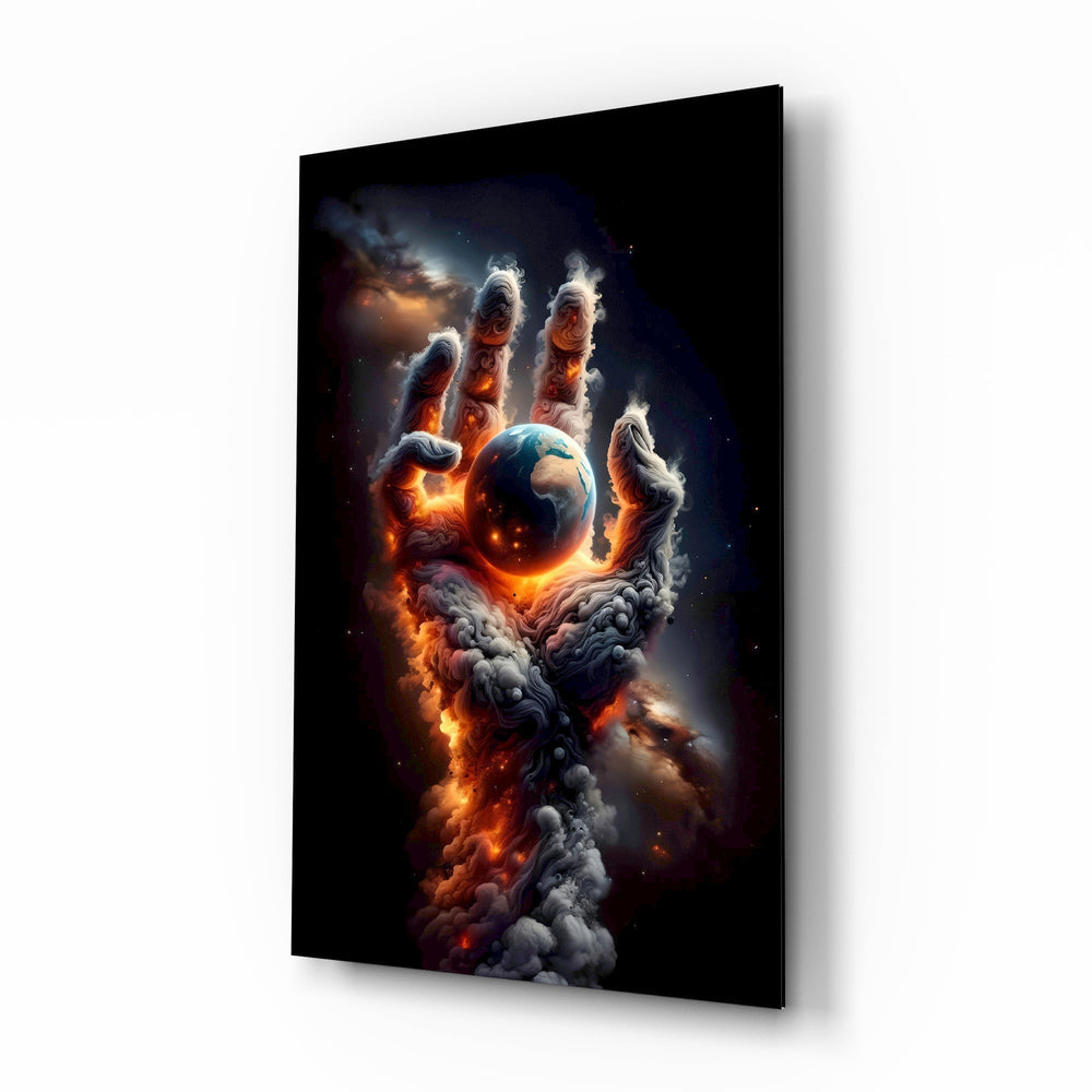 Smoke Cloud Hand Reaching for Earth Glass Wall Art