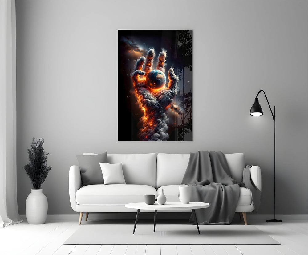 Smoke Cloud Hand Reaching for Earth Glass Wall Art