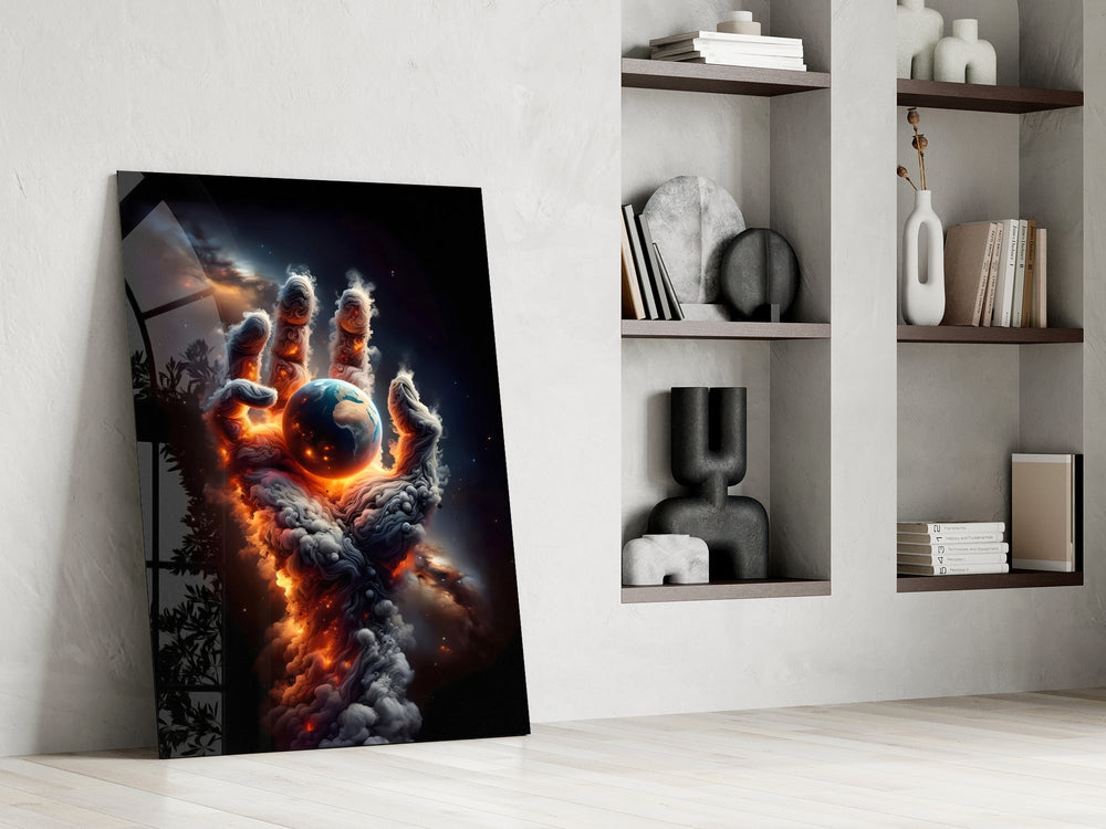 Smoke Cloud Hand Reaching for Earth Glass Wall Art