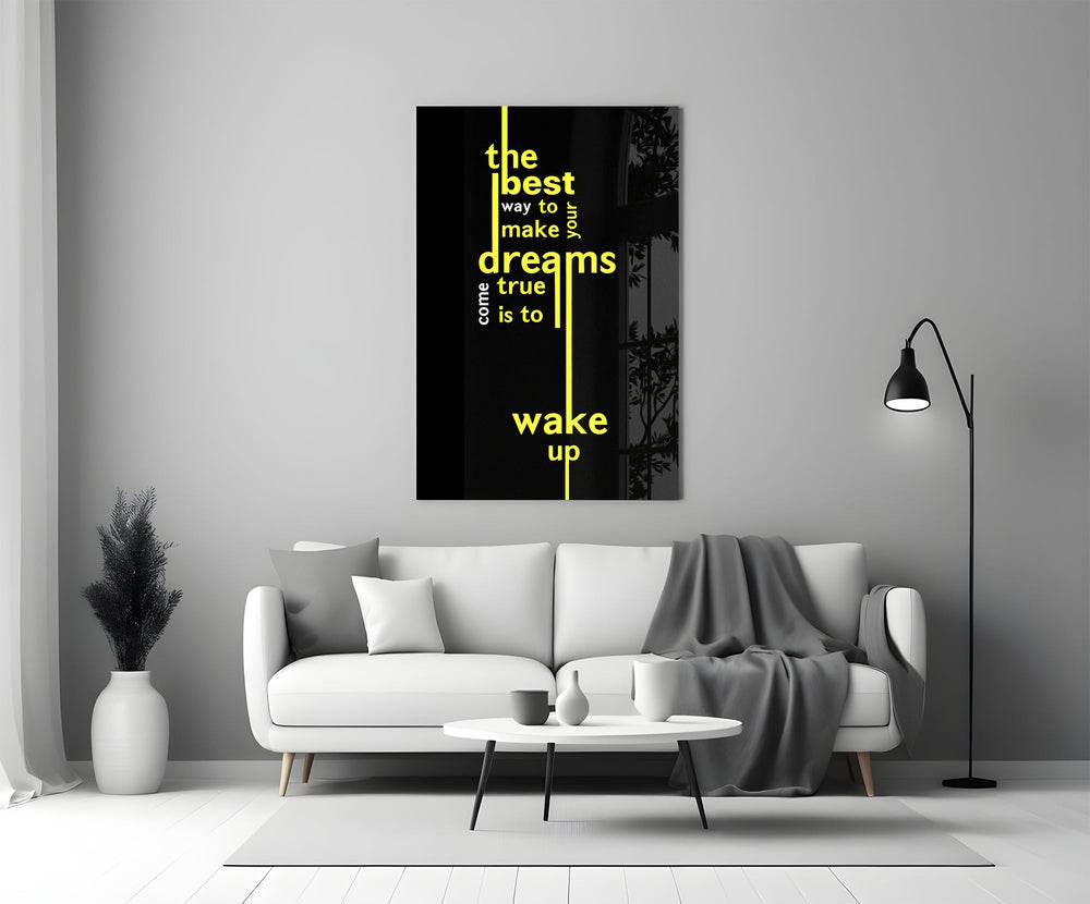 Wake Up Yellow Neon Dreams Quote Glass Wall Art