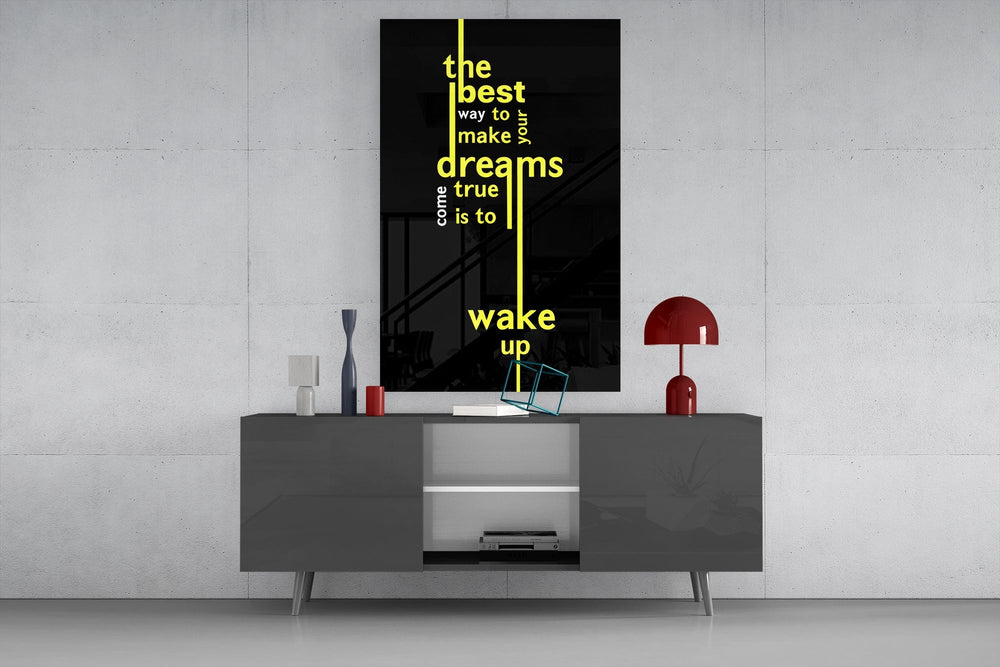 Wake Up Yellow Neon Dreams Quote Glass Wall Art