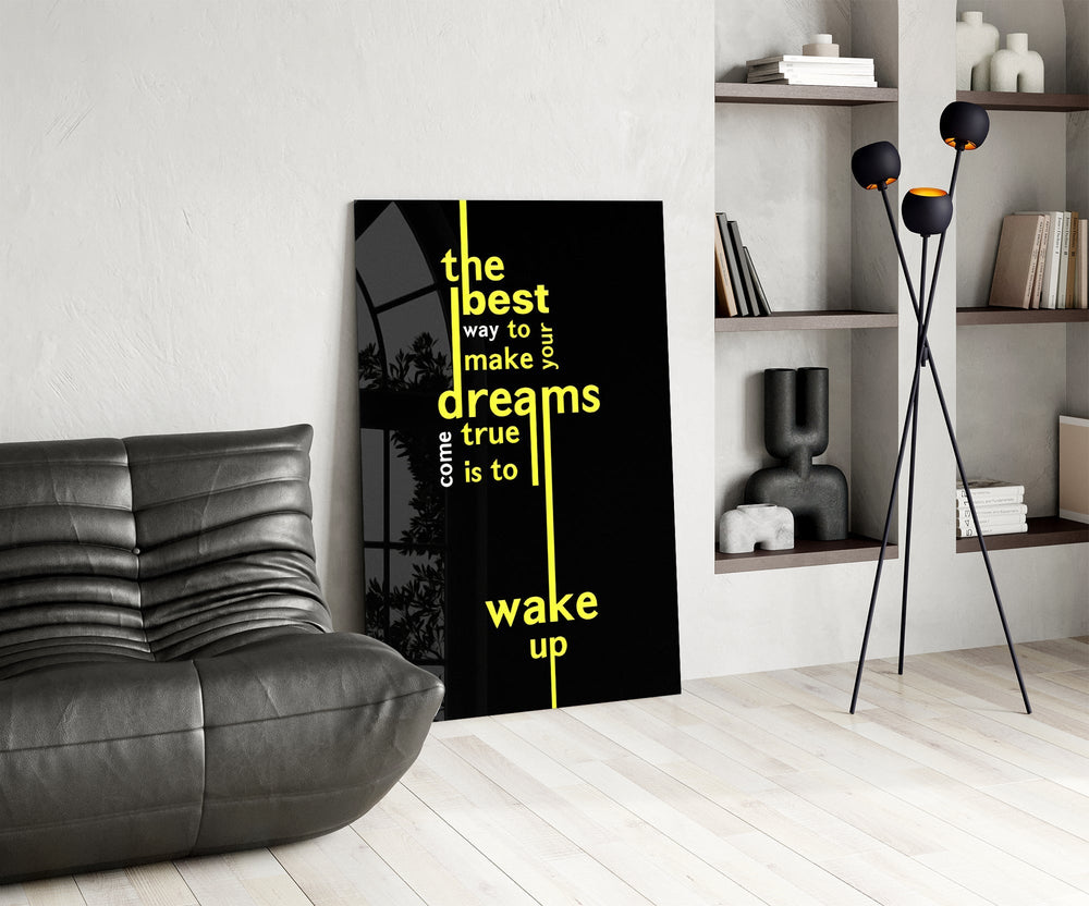 Wake Up Yellow Neon Dreams Quote Glass Wall Art