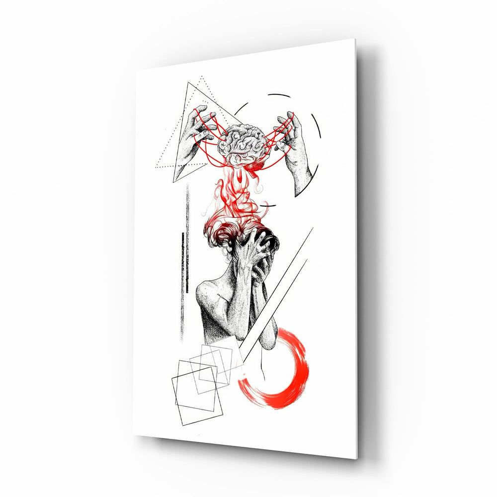 Overthinking Red Thread Brain Sketch Glass Wall Art