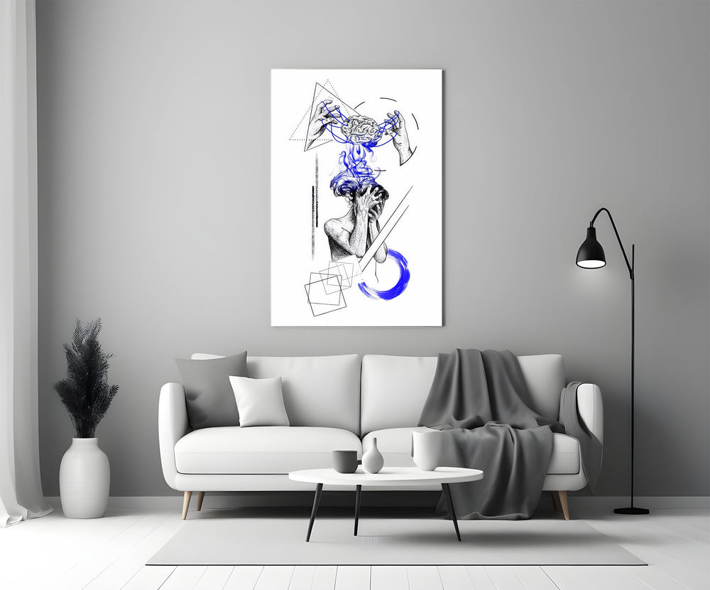 Overthinking Blue Thread Brain Sketch Glass Wall Art