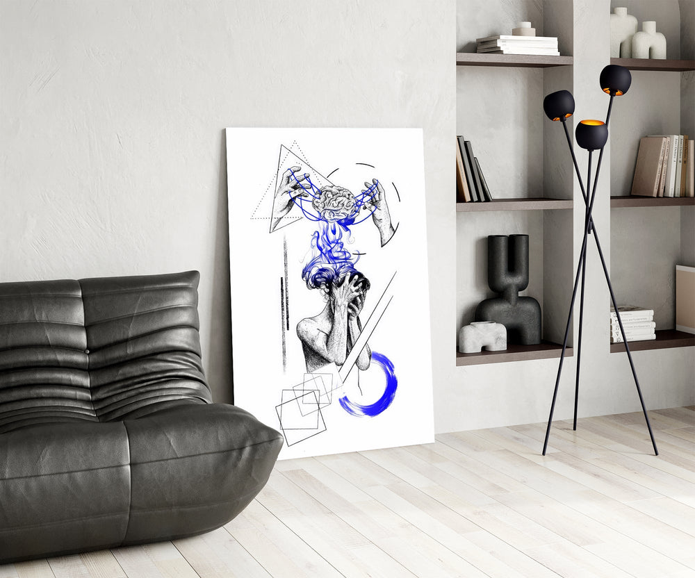 Overthinking Blue Thread Brain Sketch Glass Wall Art