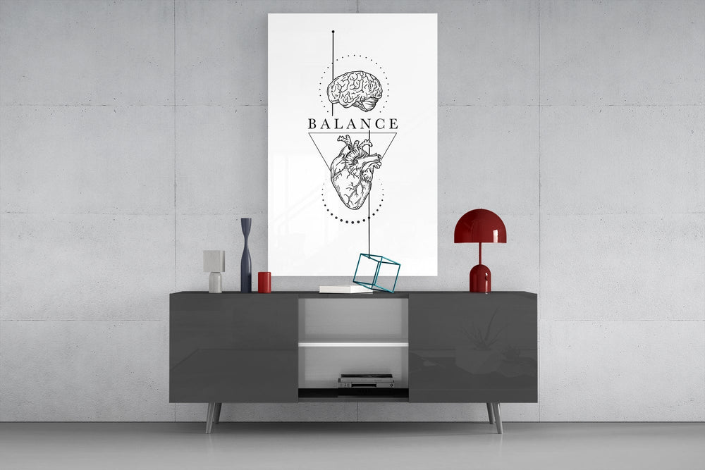 Balance Brain Over Heart White Line Art Glass Wall Art