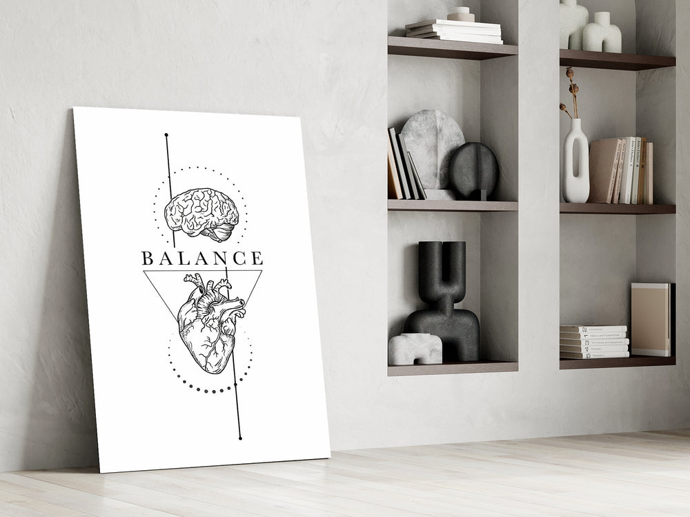 Balance Brain Over Heart White Line Art Glass Wall Art