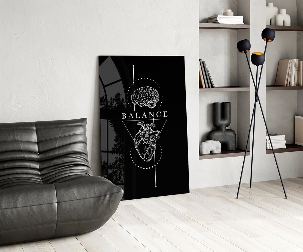 Balance Brain Over Heart Black Line Art Glass Wall Art