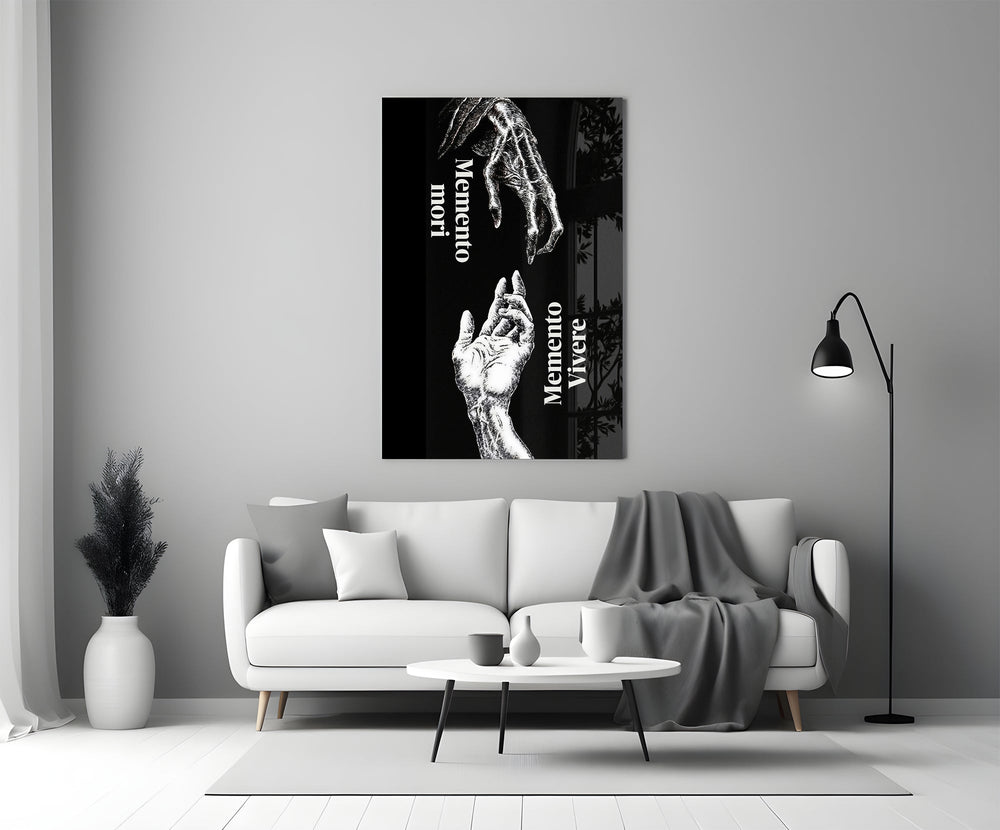 Skeletal and Living Hands Memento Mori Glass Wall Art