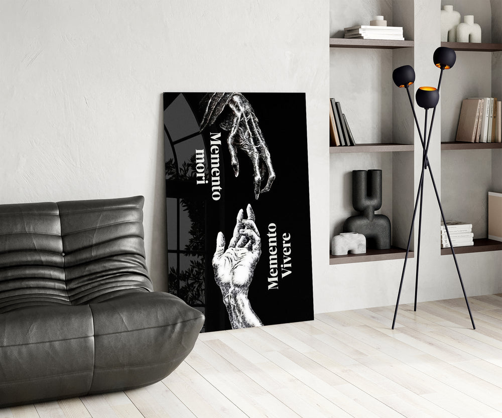 Skeletal and Living Hands Memento Mori Glass Wall Art