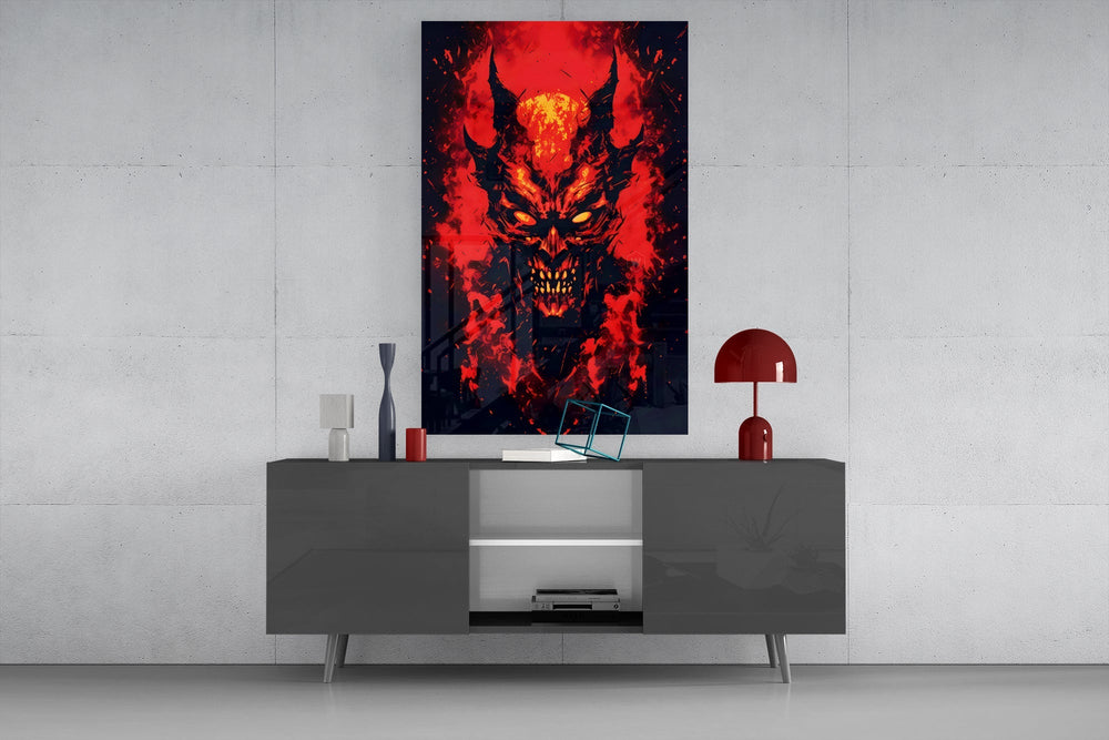 Burning Red Horned Demon Face Glass Wall Art