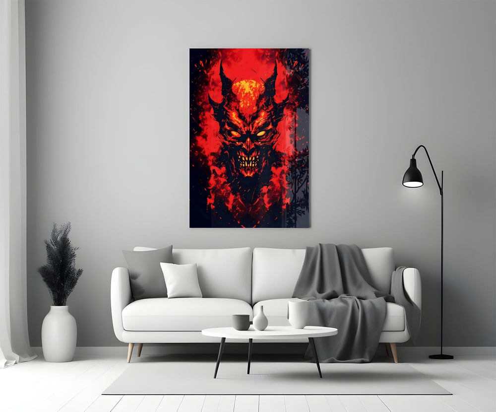 Burning Red Horned Demon Face Glass Wall Art