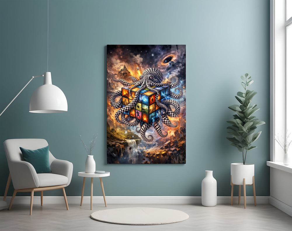 Checkered Octopus Cosmic Puzzle Cube Glass Wall Art