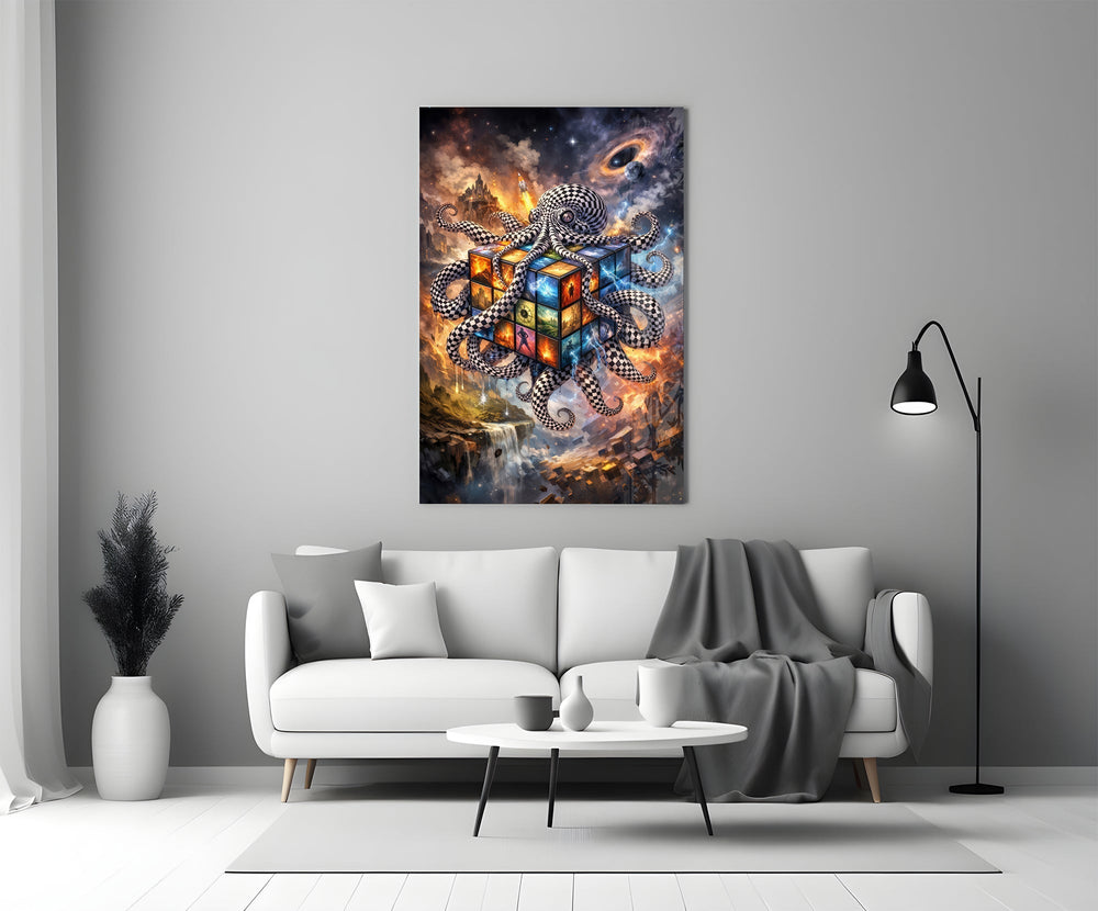 Checkered Octopus Cosmic Puzzle Cube Glass Wall Art