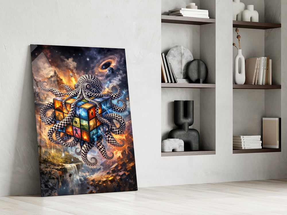 Checkered Octopus Cosmic Puzzle Cube Glass Wall Art