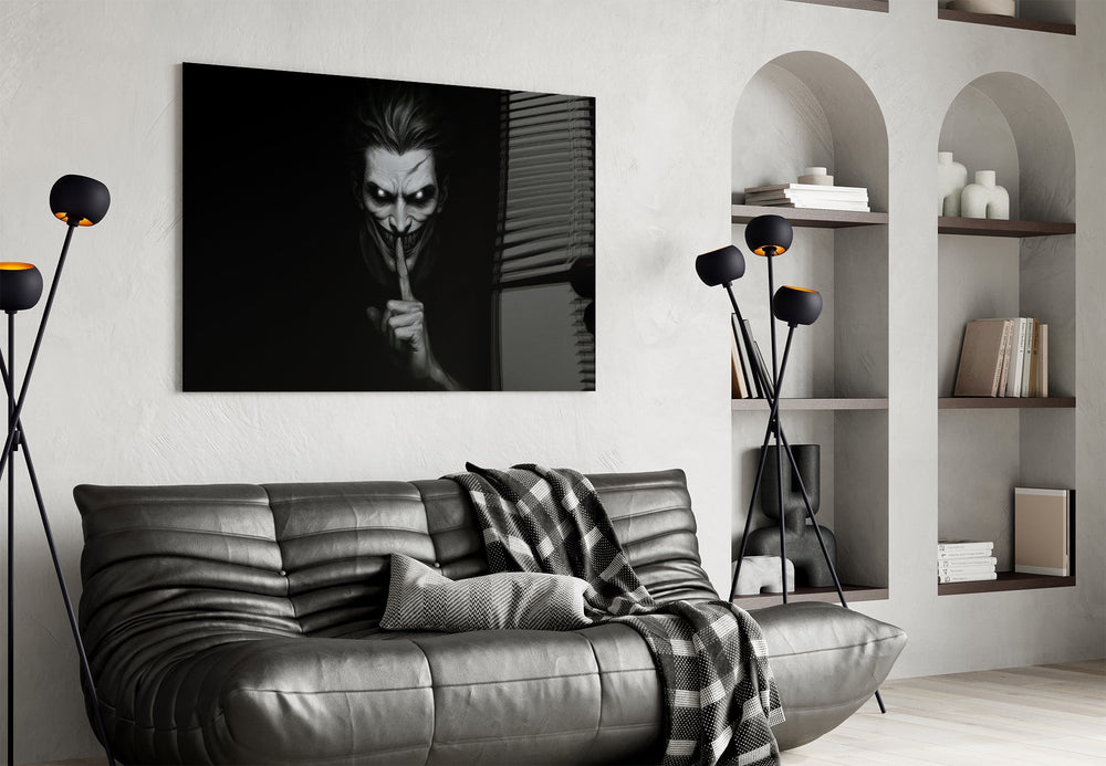 Hush Monochrome Grinning Trickster Glass Wall Art
