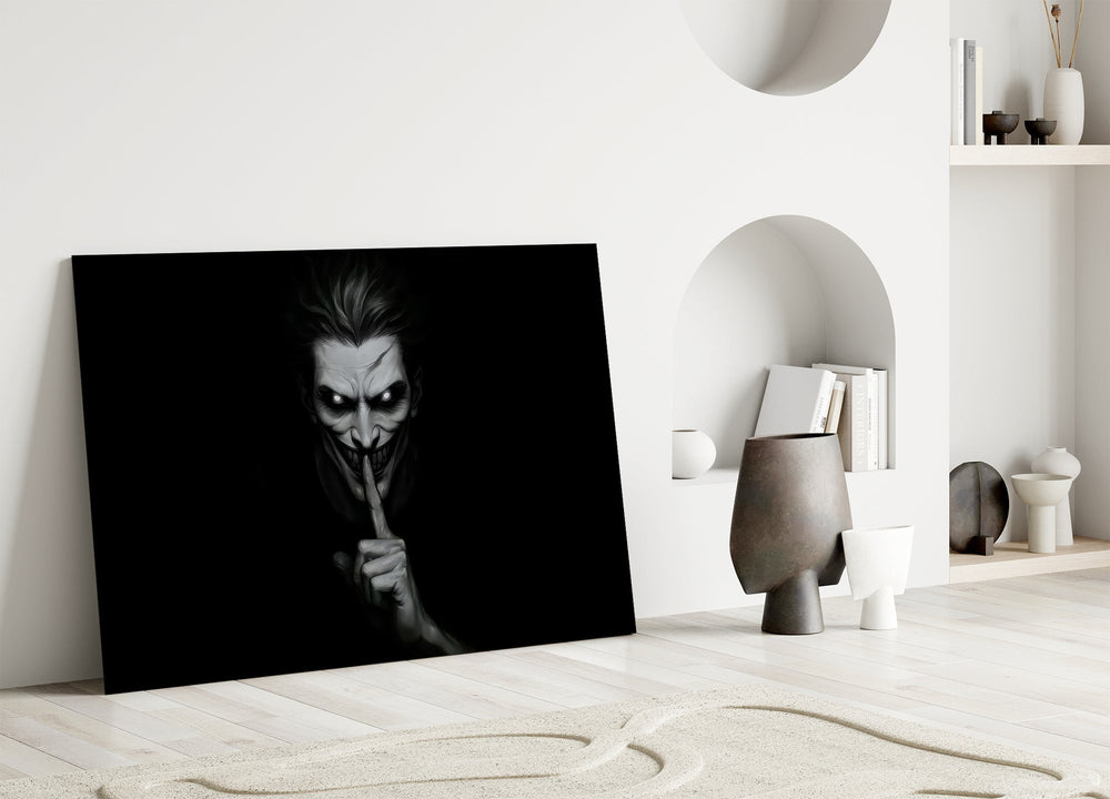 Hush Monochrome Grinning Trickster Glass Wall Art