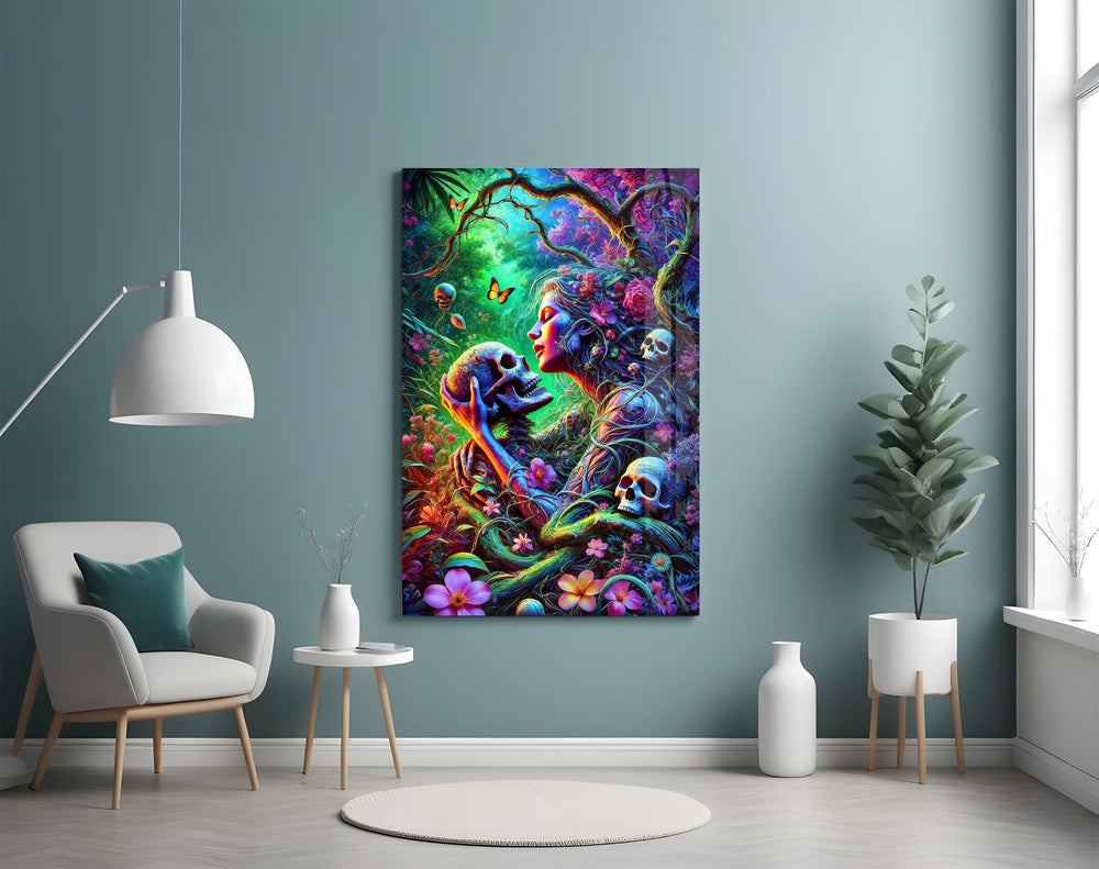 Neon Jungle Flower Goddess Skull Glass Wall Art