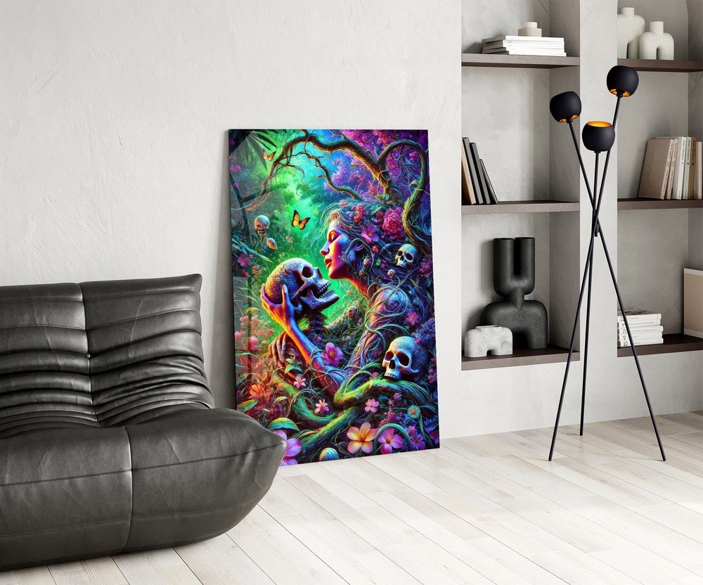 Neon Jungle Flower Goddess Skull Glass Wall Art