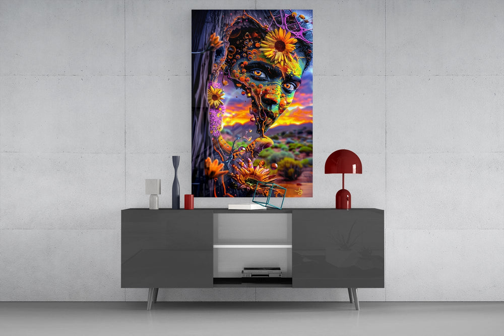 Sunset Desert Sunflower Face Glass Wall Art