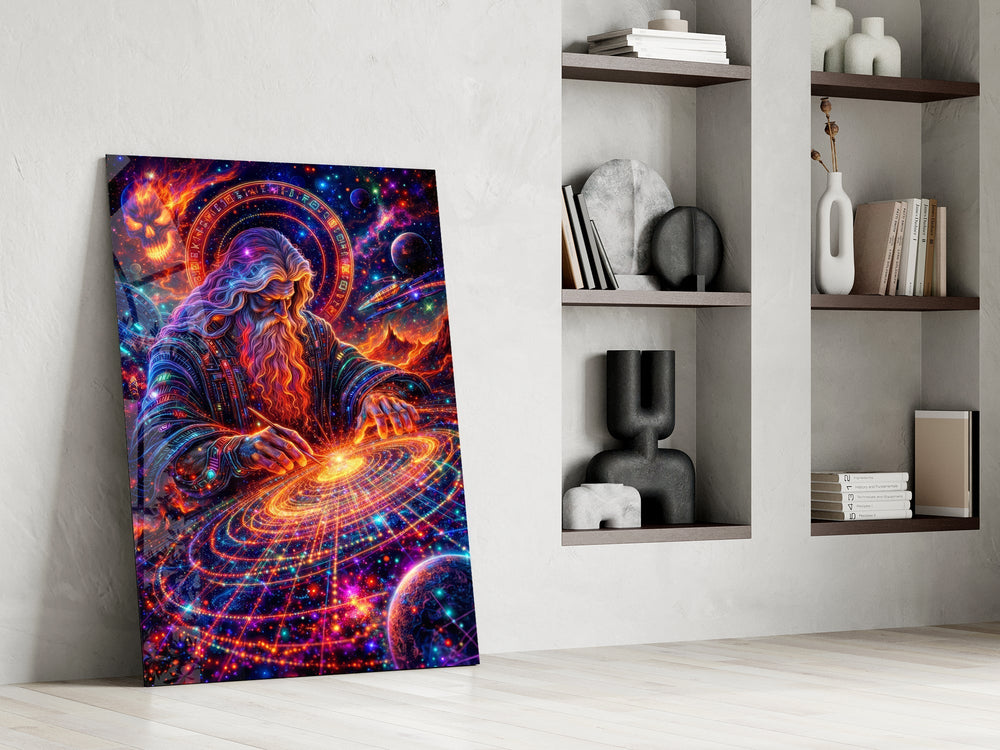 Neon Cosmic Wizard Spinning Galaxy Glass Wall Art