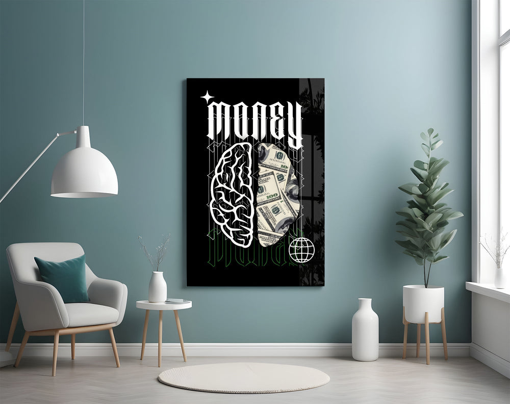 Money Brain Gothic Type Black Glass Wall Art