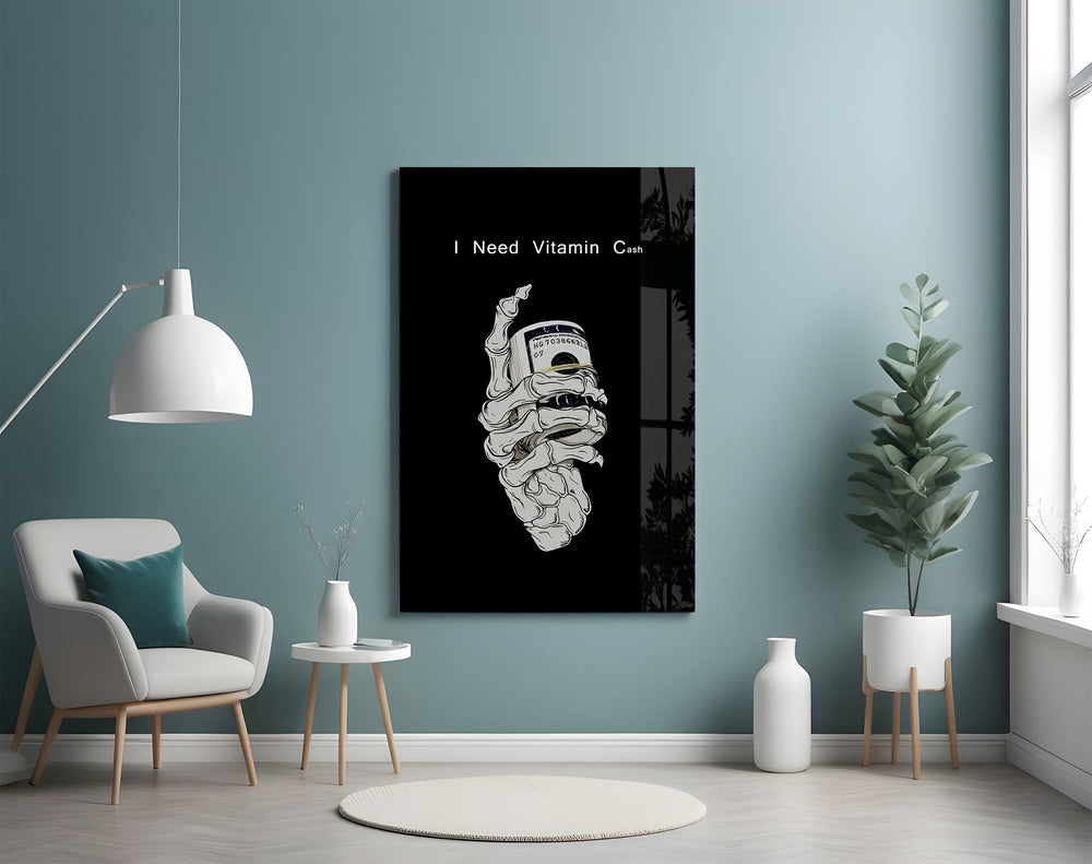 Vitamin Cash Skeleton Hand Money Glass Wall Art