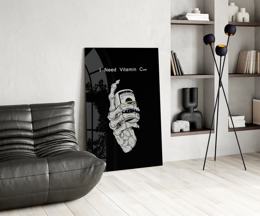 Vitamin Cash Skeleton Hand Money Glass Wall Art
