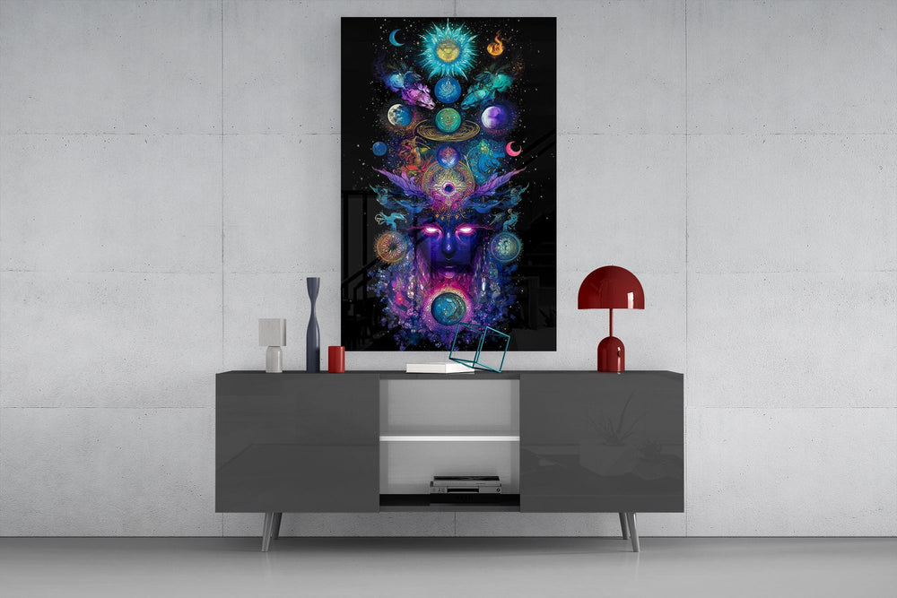Cosmic Third Eye Deity Planets Glass Wall Art