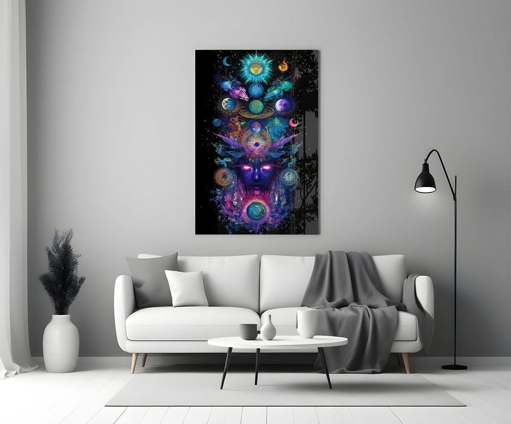 Cosmic Third Eye Deity Planets Glass Wall Art