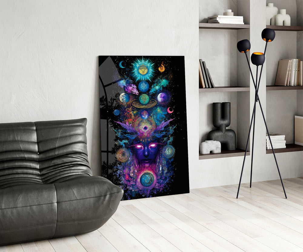 Cosmic Third Eye Deity Planets Glass Wall Art