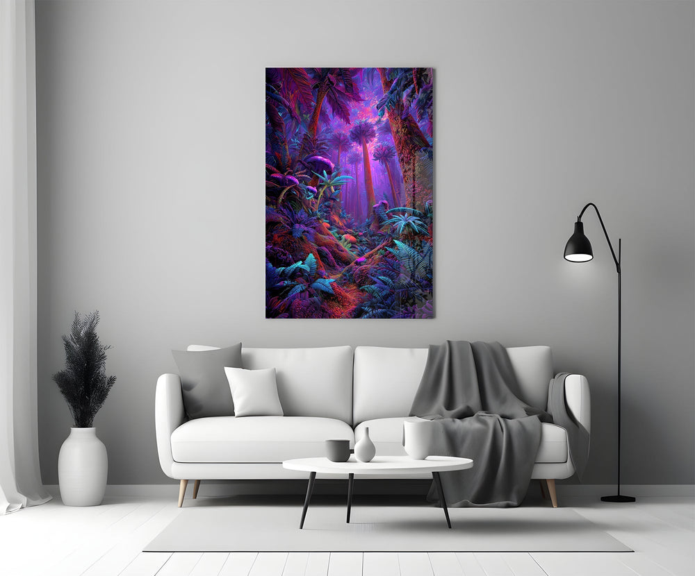 Neon Purple Jungle Glowing Rainforest Glass Wall Art