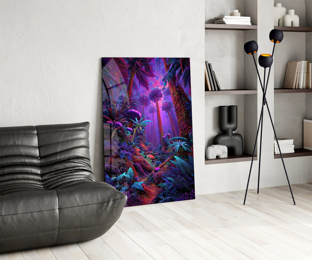 Neon Purple Jungle Glowing Rainforest Glass Wall Art