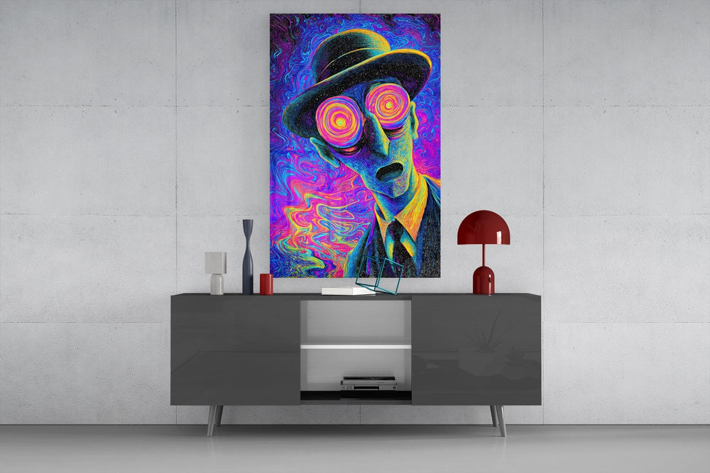 Spiral Eyes Bowler Hat Man Neon Glass Wall Art