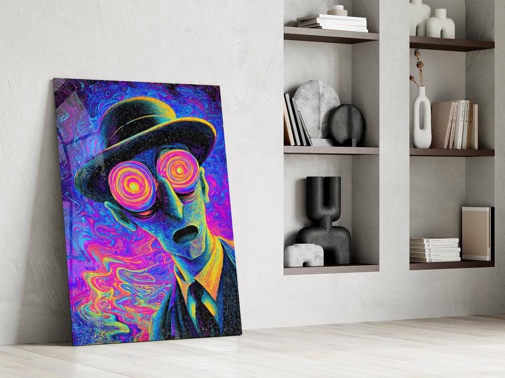 Spiral Eyes Bowler Hat Man Neon Glass Wall Art