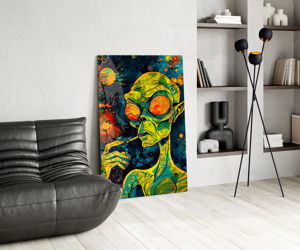 Green Alien Smoking Psychedelic Glass Wall Art