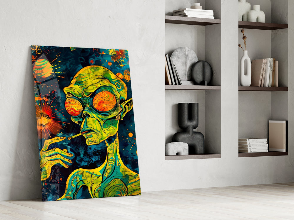Green Alien Smoking Psychedelic Glass Wall Art