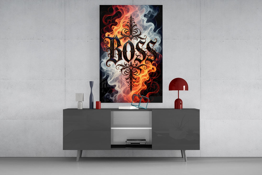 Boss Blackletter Fire and Smoke Glass Wall Art
